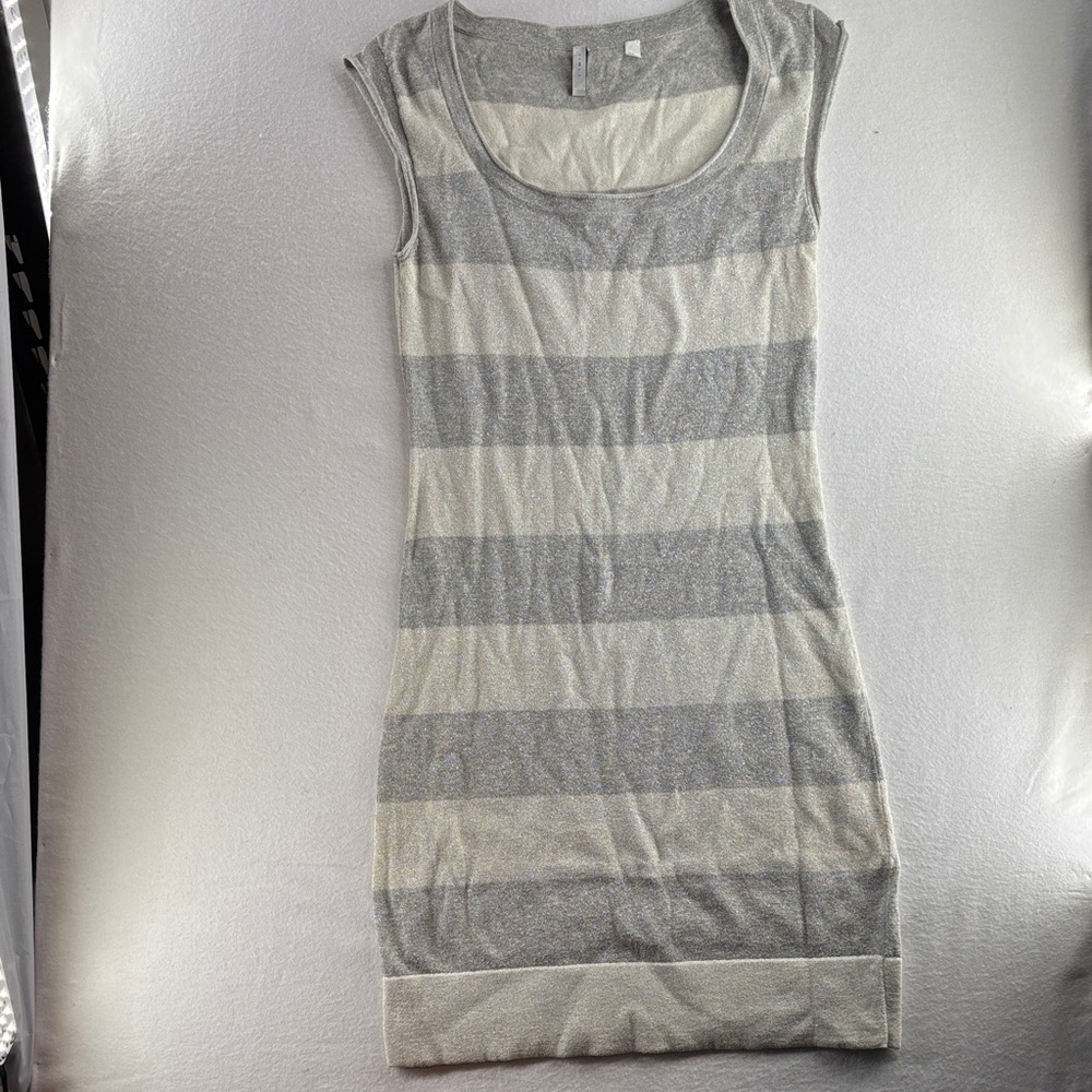 Iisli Striped Metallic Gray and White Sleeveless  Mini Dress - Size P